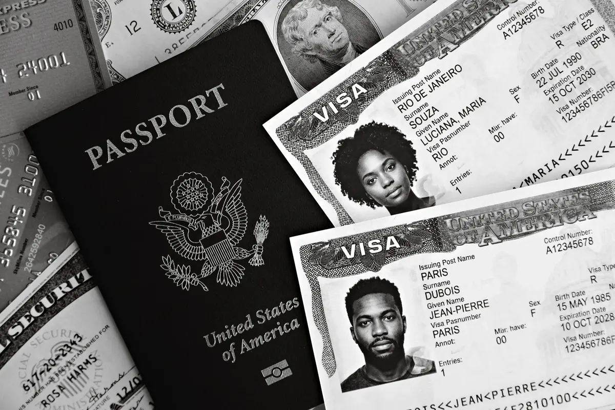 A close-up of US passport with visas and currency, implying travel theme.