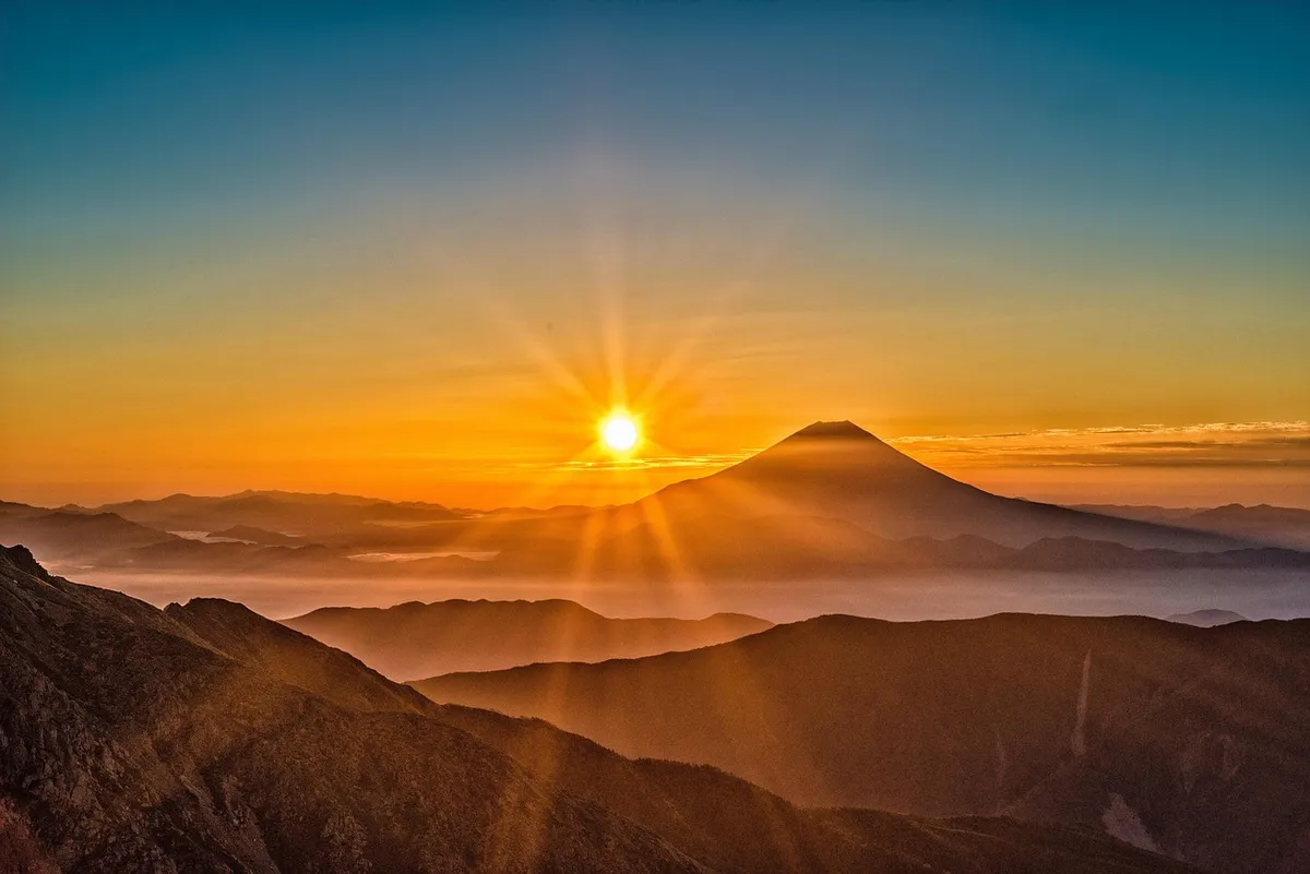 mount fuji, japan, volcano, mountain, mountains, mystery, sunrise, sunlight, landscape, nature, natural