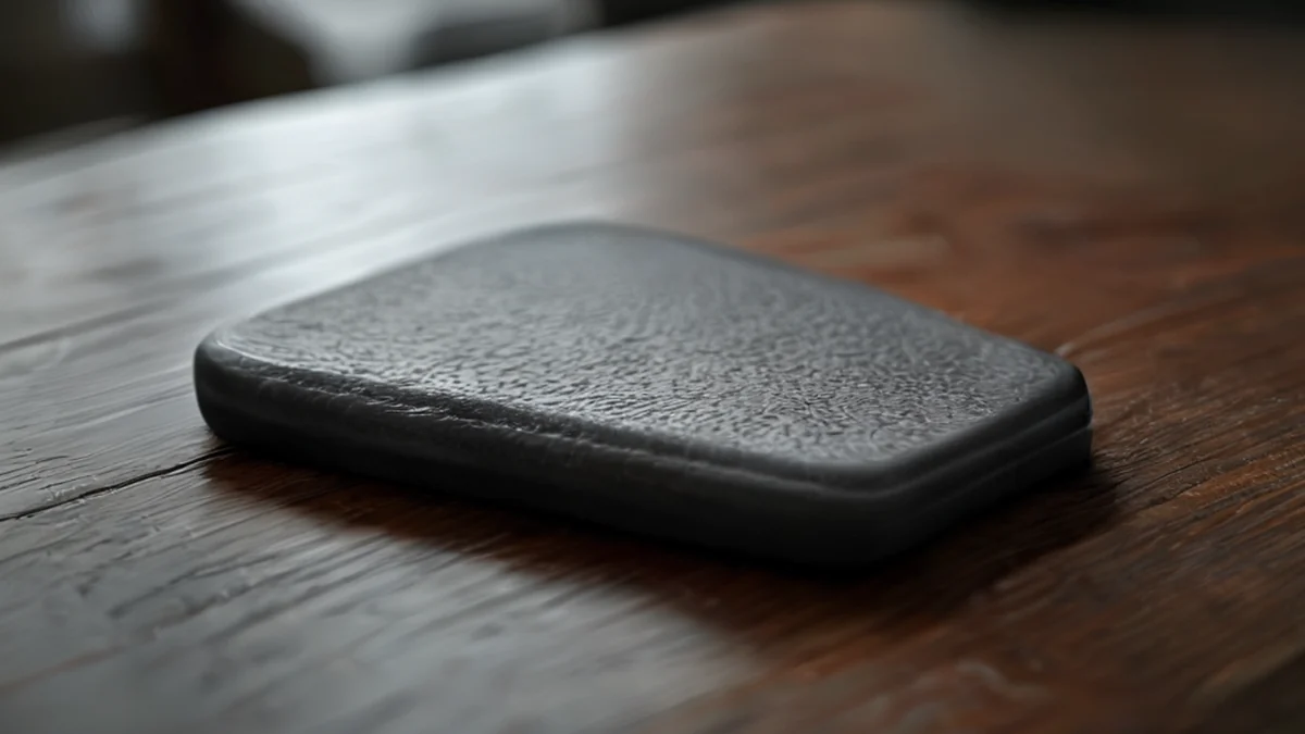 Elastischer Smartphone-Positionierer, texturierte Oberfläche, dunkelgrau, Holztisch-Hintergrund, bewölkter Tag, flache Schärfe, photo-realistisch, scharfe Schärfe, hohe Details