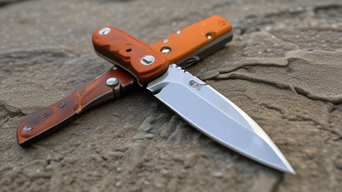 cuchillo de acampar, oxidado, triangular, sobre una roca lisa, día nublado, profundidad de campo suave, fotorealista, enfoque afilado, detalles altos