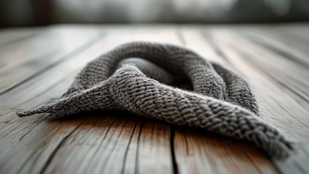 Un cuello ondulado, centrado, con una superficie de lana texturada, reflejando una luz de día nublado, reposando sobre una mesa de madera simple, profundidad de campo poco profunda, fotorealista, enfoque neto, detalles altos