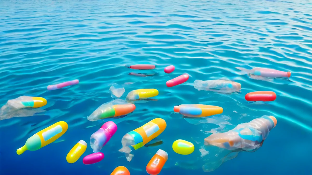 Des déchets plastiques flottant dans l'eau de mer.