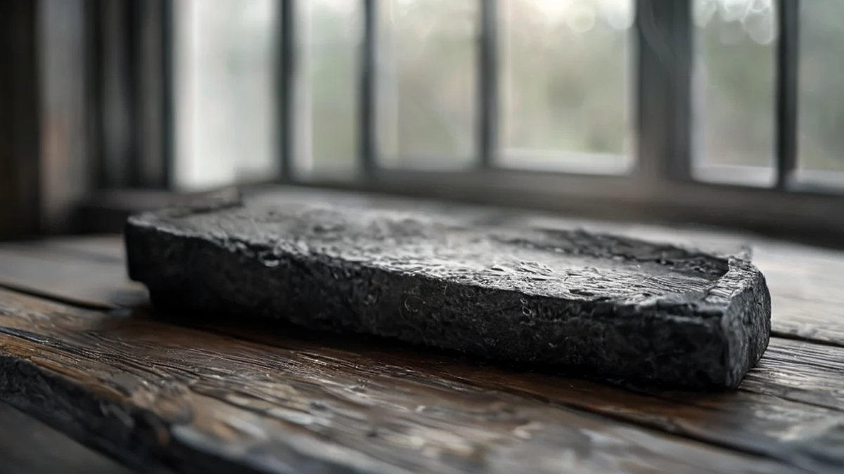 Kastijl, zwaar, grijz, ruw, op een houten tafel, zachte zonlicht, lage diepte van veld, fotorealistisch, scherp focus