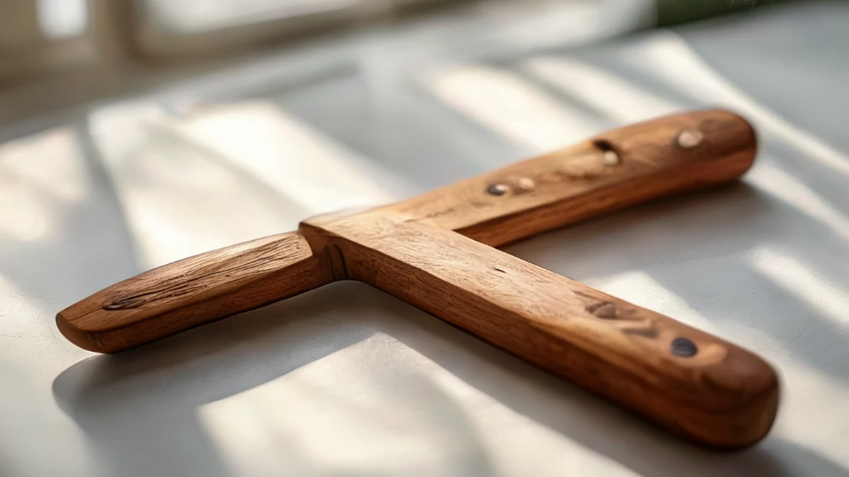 Handgemaakte houten knijper met handvat en mes.