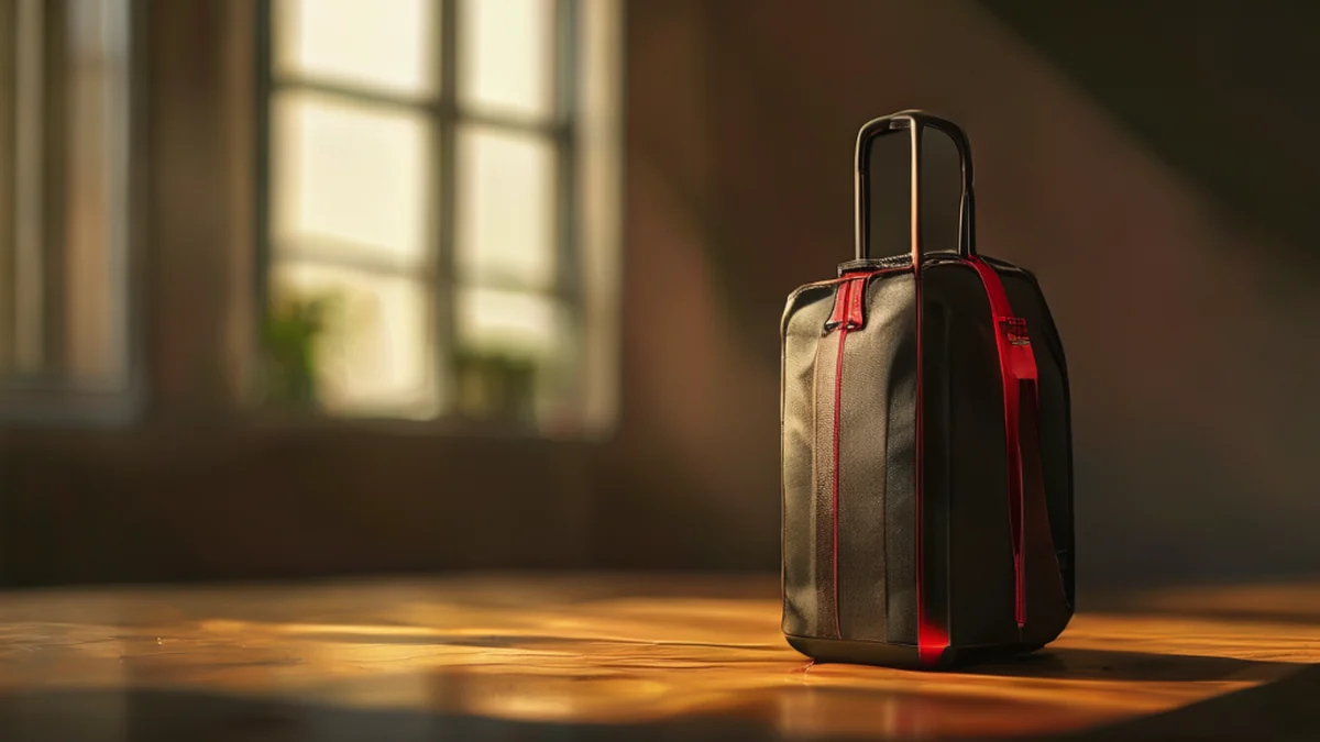 A golf bag with a handle, wheels, and multiple compartments for clubs.