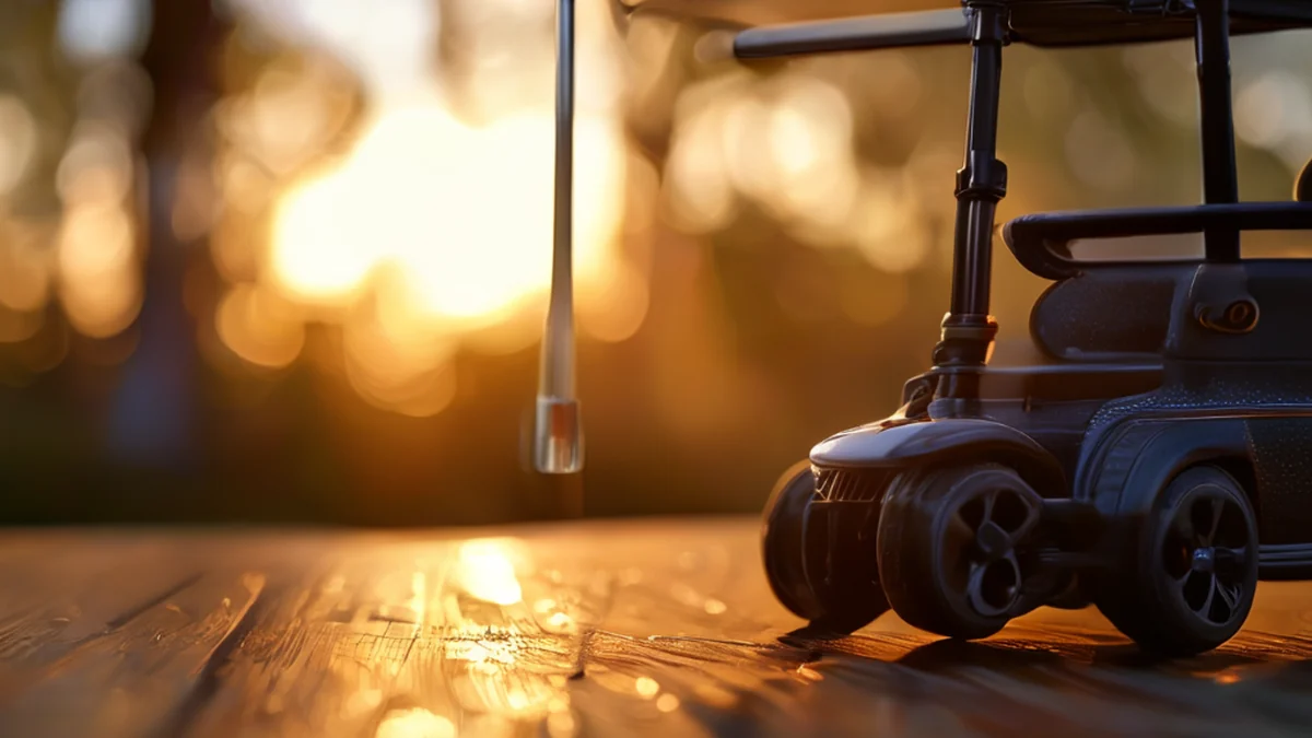 Maniglia di carrello da golf nera, liscia e arrotondata, posata su una mensola in legno sotto la luce dell'ora d'oro, profondità di campo sottile, realismo fotografico, focus acuto, dettagli elevati